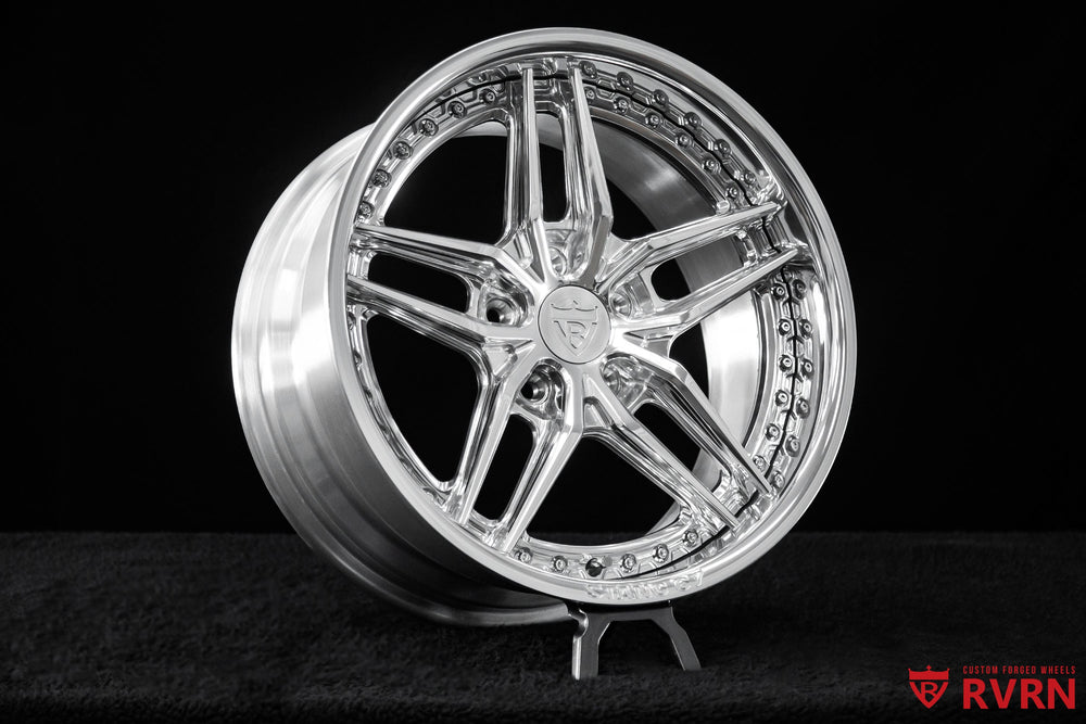 1967 Ford Mustang fitted with RVRN RV-DP03 2-piece forged wheels, 5-star deep dish design, polished aluminum finish, 17x8.5 front and 17x9.5 rear