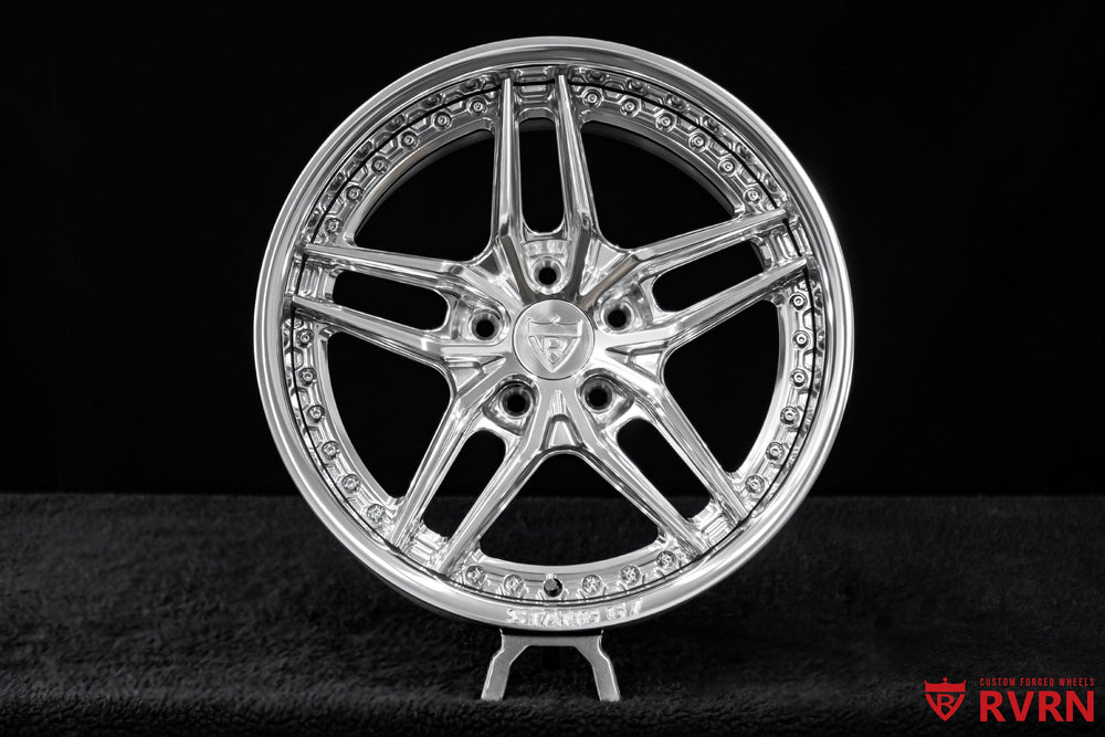 RVRN RV-DP03 deep dish Mustang wheels featuring a 5-star forged design and polished aluminum finish, with 17x8.5 and 17x9.5 fitment