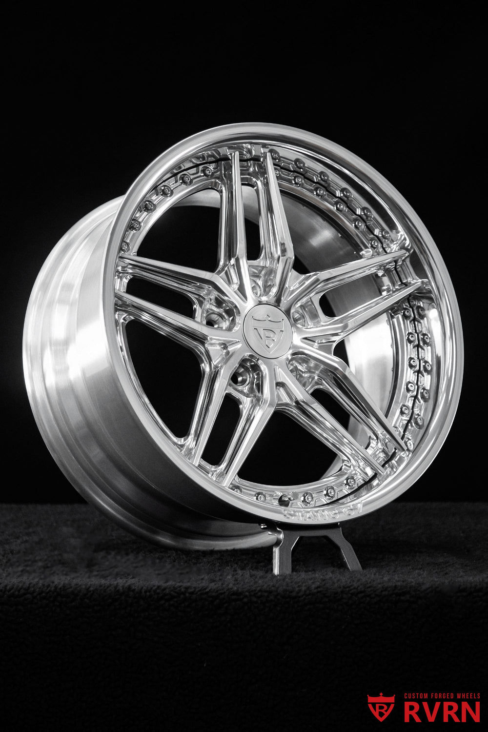 Custom polished aluminum wheels for a 1967 Ford Mustang, featuring the RVRN RV-DP03 5-star deep dish forged design in 17x8.5 and 17x9.5