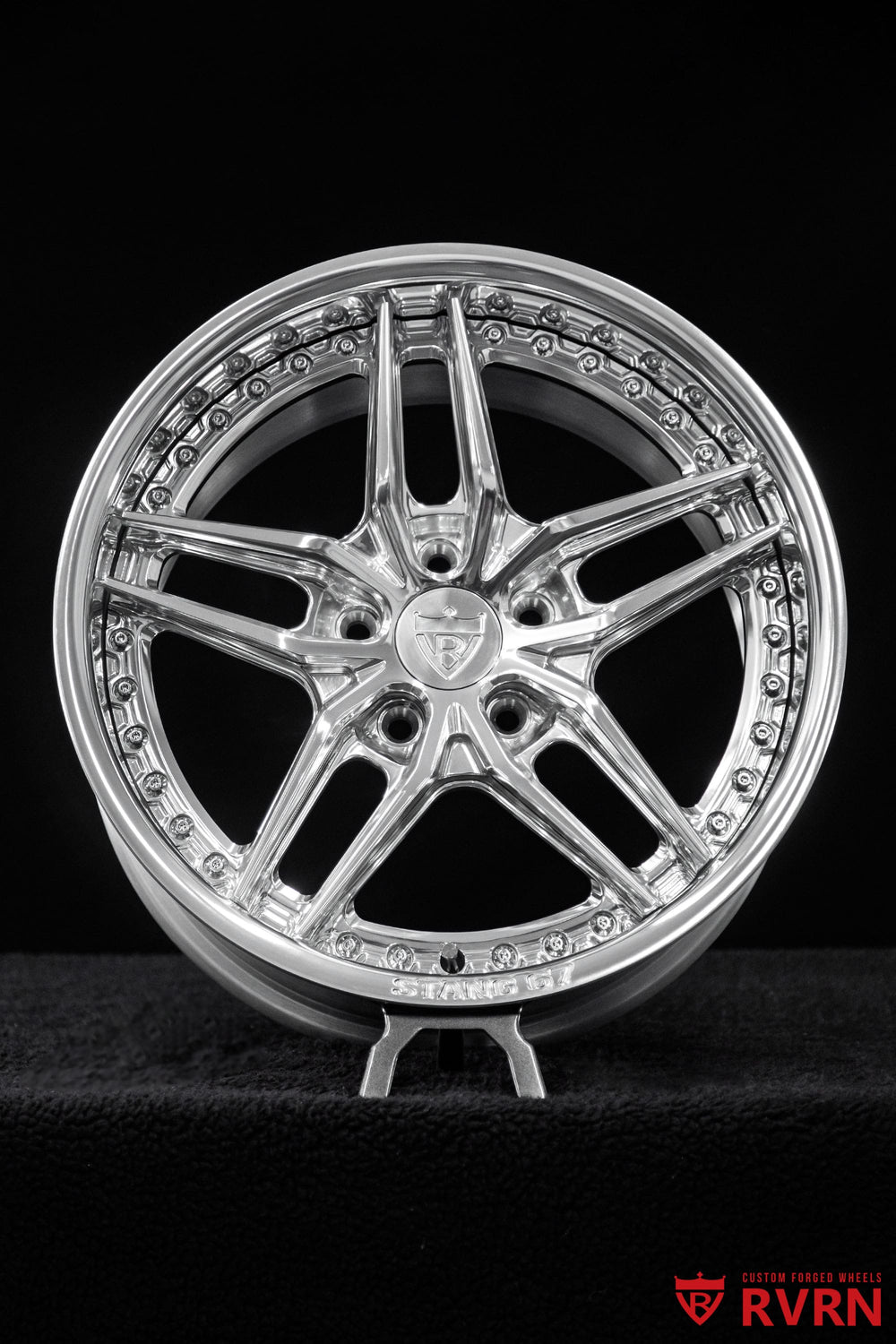 Front three-quarter view of a 1967 Ford Mustang on RVRN RV-DP03 2-piece forged 5-star deep dish wheels in polished aluminum, 17x8.5 front and 17x9.5 rear