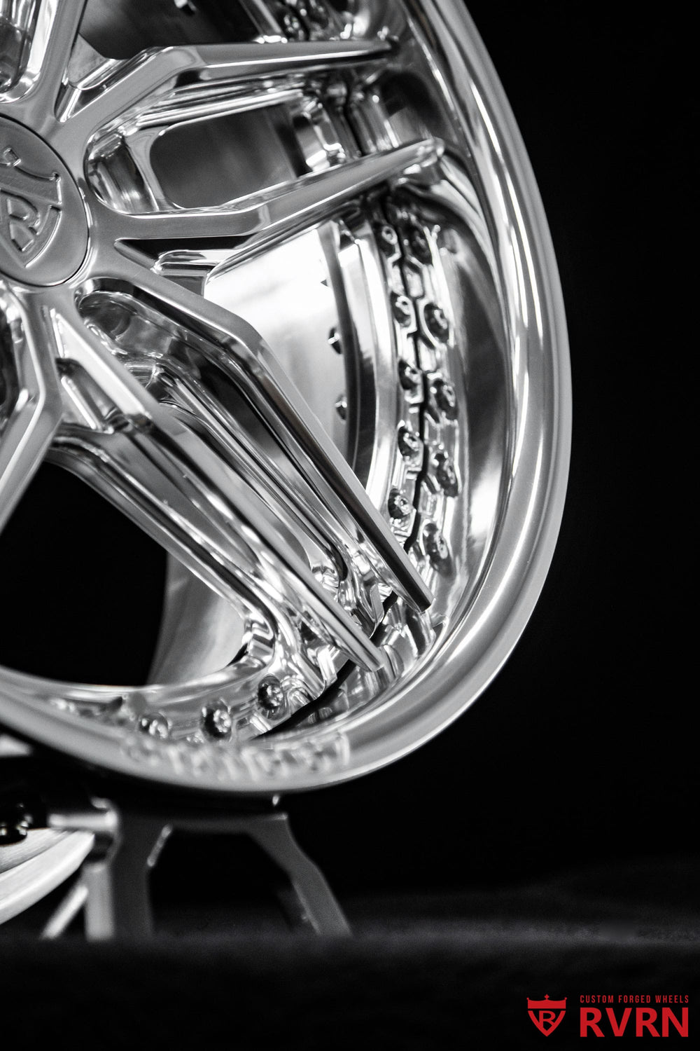 RVRN RV-DP03 Ford Mustang wheels in polished aluminum with a 5-star deep dish design, 17x8.5 front and 17x9.5 rear
