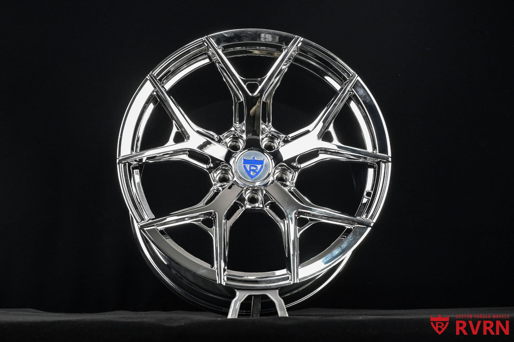 1968 Camaro SS front 18x10 +27.1MM concave wheel fitment with custom forged chrome wheel setup by RVRN Wheels