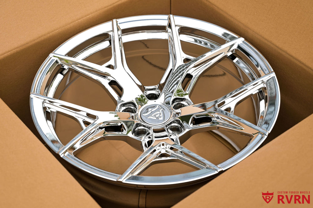 Chrome camaro wheels for 1968 Camaro SS featuring deep concave forged wheel design and custom staggered fitment by RVRN Wheels