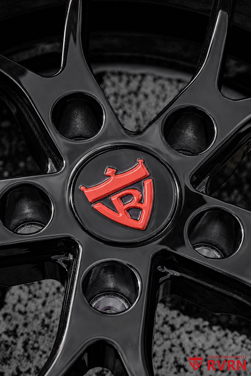 Detailed view of an RV-DC24 Y-spoke deep dish forged wheel in all gloss black, custom built for the 1968 Chevy Chevelle in 18x9.5 and 18x12
