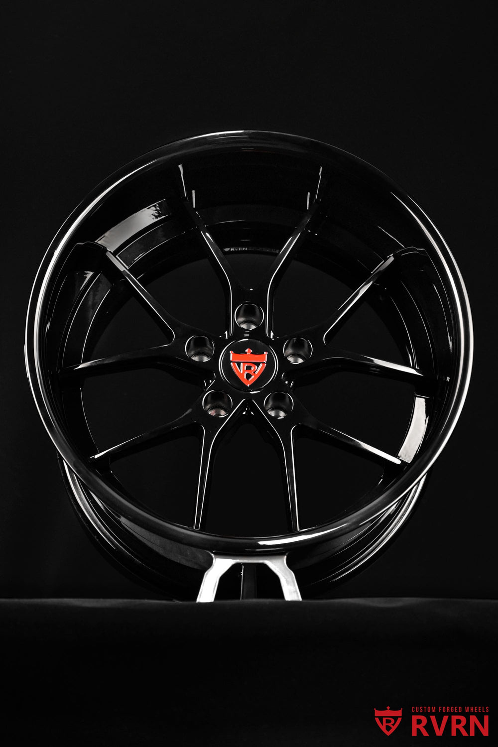 Close-up detail of RVRN RV-DC24 deep dish wheels for a 1968 Chevy Chevelle, featuring Y-spoke styling, all gloss black finish and 18-inch fitmen