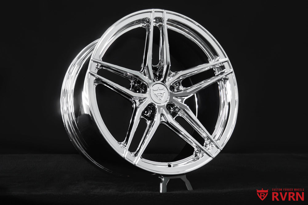 Close-up detail of RV-MP03 5-spoke chrome forged wheel design built for Corvette C4 custom wheel applications.