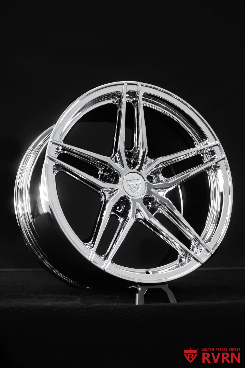 Complete set of RVRN RV-MP03 Corvette C4 forged wheels finished in all chrome with custom 18x8 and 19x9.5 sizing for a 1996 Corvette.