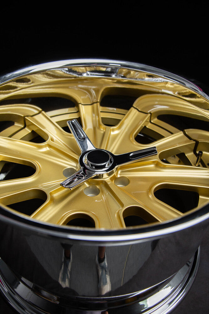 Close-up of chrome barrel and custom spoke for Dodge Charger