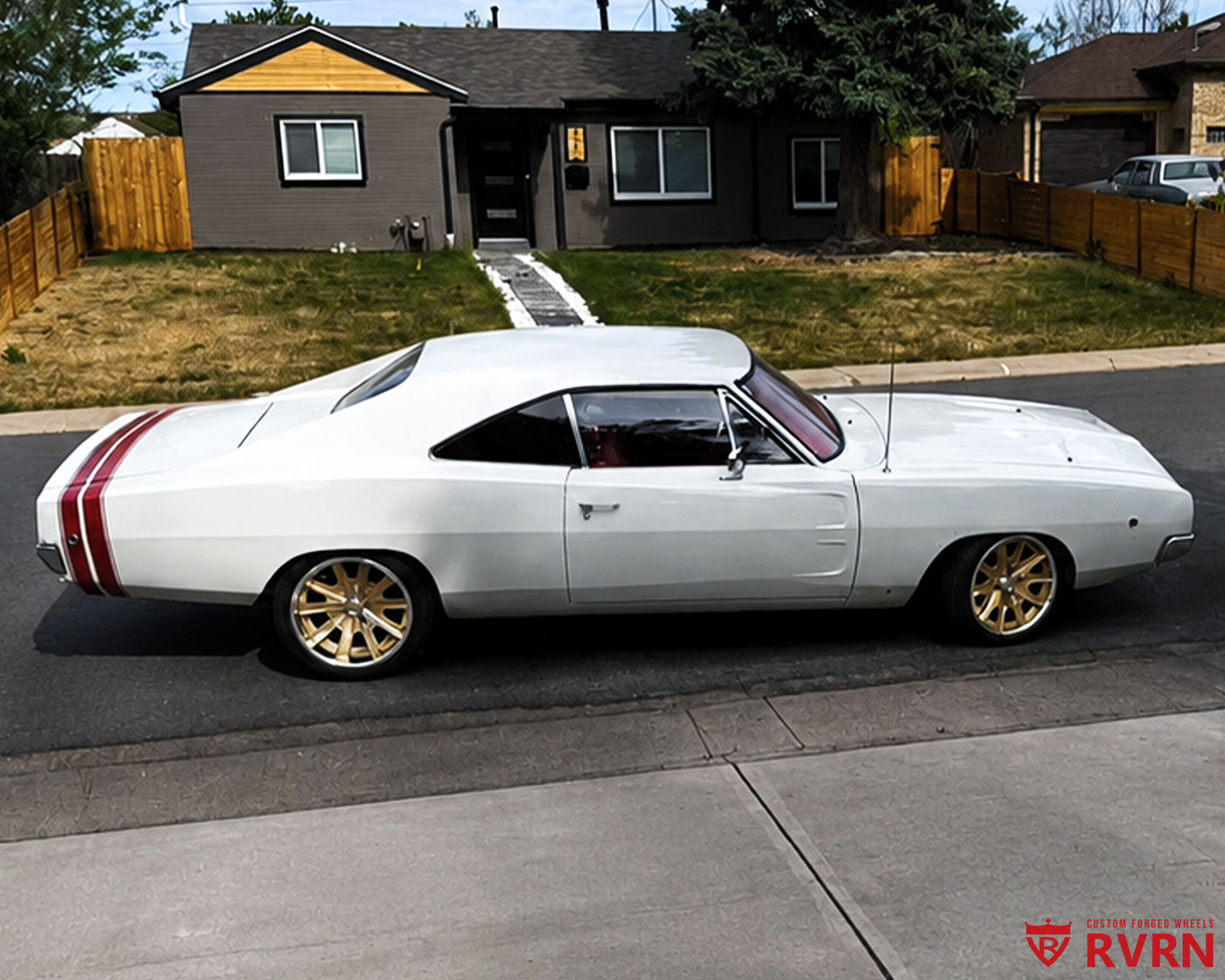 Side view of Everett's 1968 Dodge Charger on RVRN RV-DF67 deep dish classic forged wheels with champagne gold spokes, chrome barrels, and three-blade chrome caps.