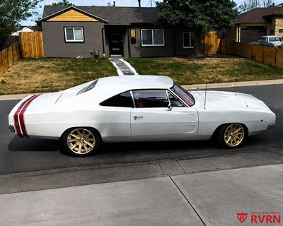 Side view of Everett's 1968 Dodge Charger on RVRN RV-DF67 deep dish classic forged wheels with champagne gold spokes, chrome barrels, and three-blade chrome caps.