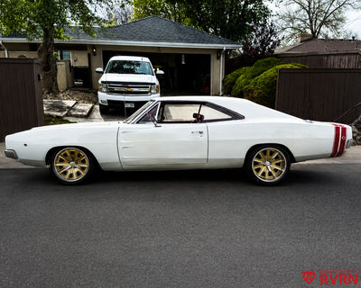 Profile view of a white 1968 Dodge Charger featuring RV-DF67 retro muscle restomod wheels in champagne gold and chrome.