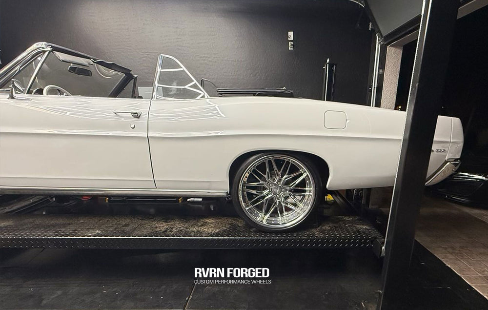 1968 Ford Galaxie 500 on custom forged deep dish chrome wheels in a sleek white convertible setup.