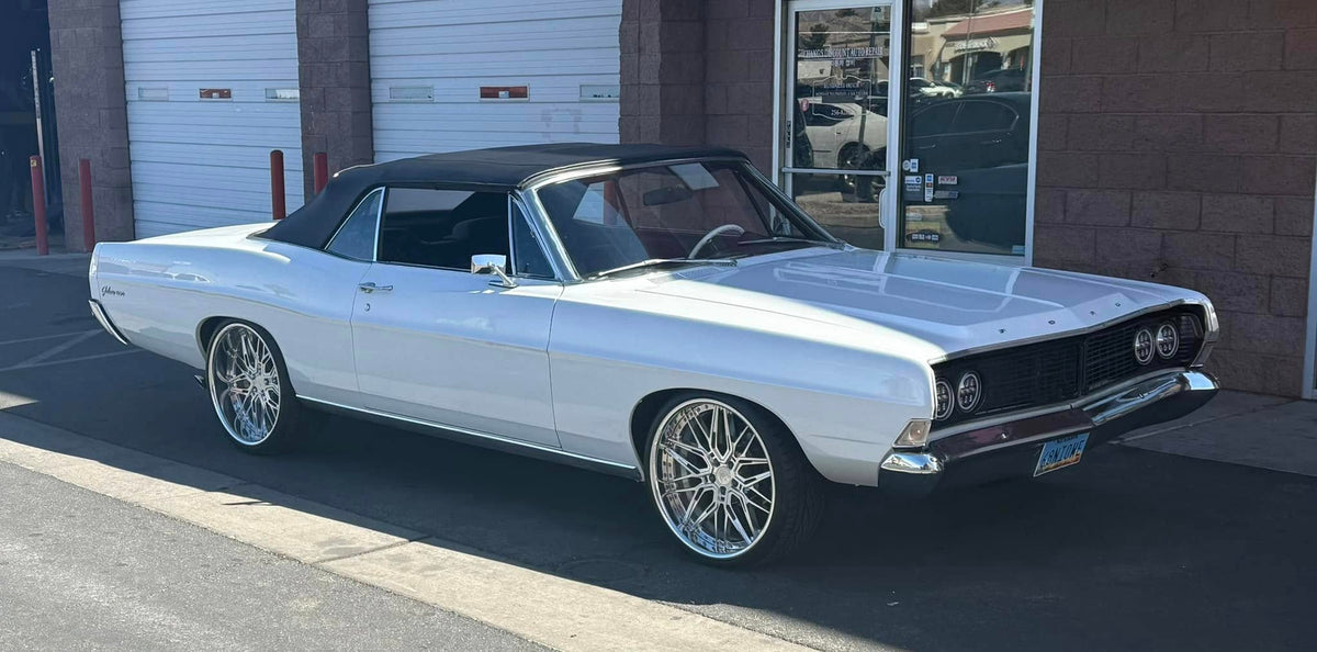Side profile of a Ford galaxie 500 featuring custom forged polished wheels