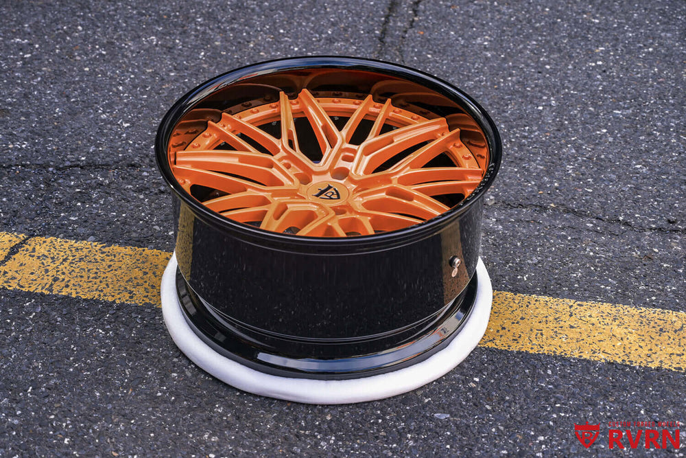 20 inch black and orange deep dish wheels on 1969 Dodge Charger side angle