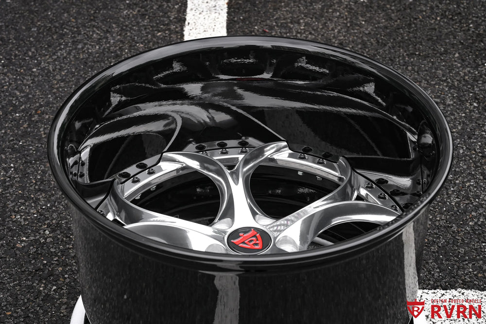 1969 Ford Mustang RV-DS016 forged 2-piece deep dish wheel with polished spokes and Gloss Black Barrel. photographed outdoors from a front three-quarter angle