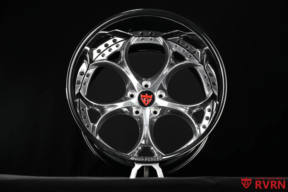 1969 Ford Mustang RV-DS016 forged 2-piece deep dish wheel front view showing the polished spoke pattern, black barrel, and red RVRN center cap