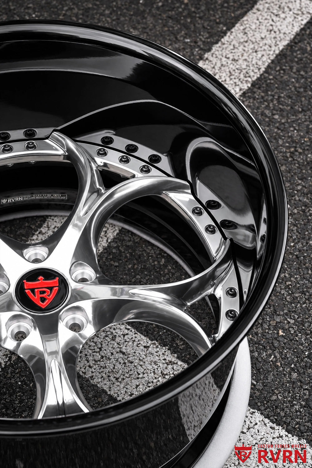 1969 Ford Mustang RV-DS016 forged 2-piece deep dish wheel close-up showing polished spoke surfaces, black fasteners, and the Gloss Black Barrel.