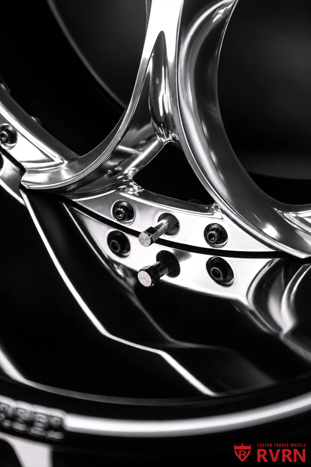 1969 Ford Mustang RV-DS016 forged 2-piece deep dish wheel detail showing the polished spoke edges, black fasteners, and reflective black barrel surface