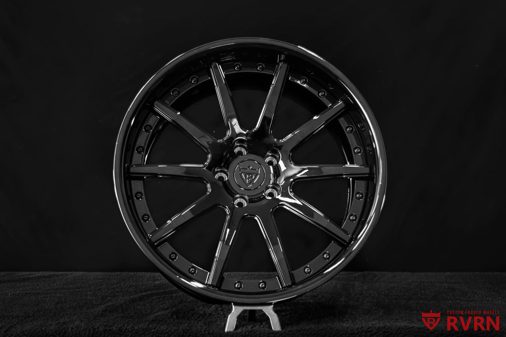 Close-up detail of the RVRN RV-DC70 Gloss Black spoke and barrel, custom Chevrolet Chevelle wheels built to customer specifications.