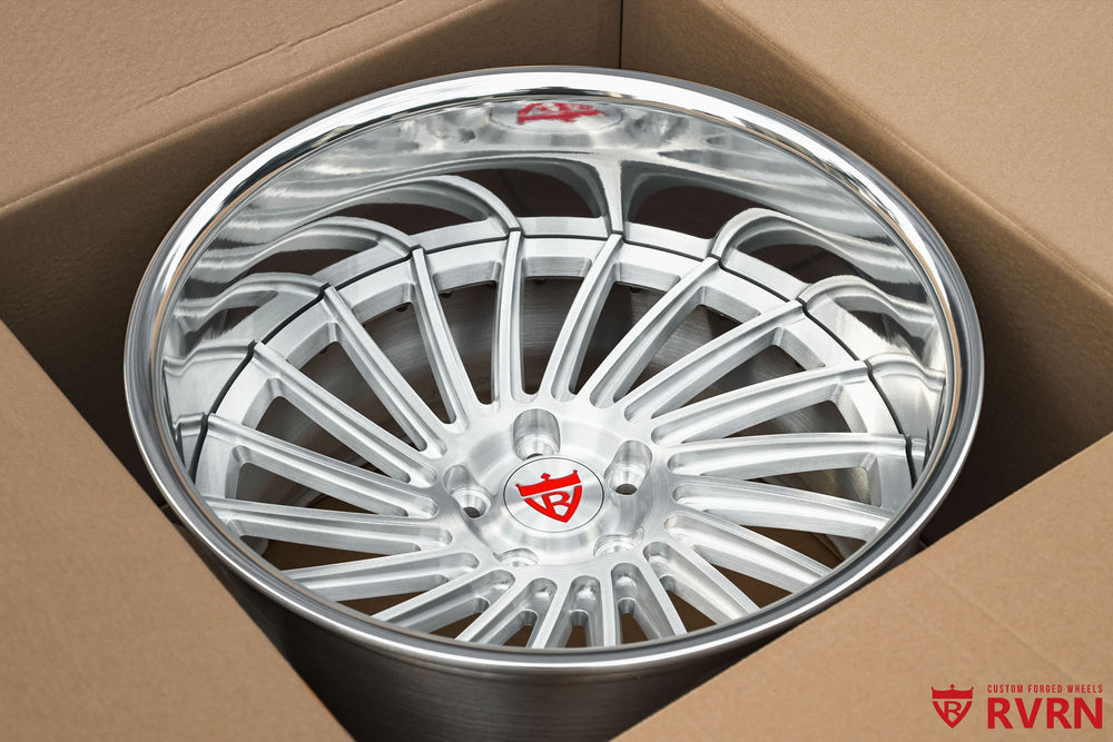 Deep dish profile of RVRN RV-DN01 Mustang wheels, custom forged in a 19x12 -26.2MM fitment with an all-brushed aluminum finish.