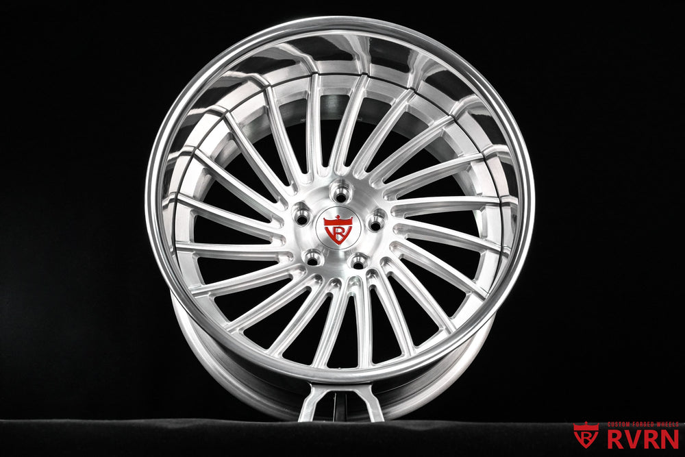 Detailed RVRN RV-DN01 forged wheel design for a Ford Mustang Mach 1, combining a deep dish profile, directional design and 19x12 -26.2MM fitment.