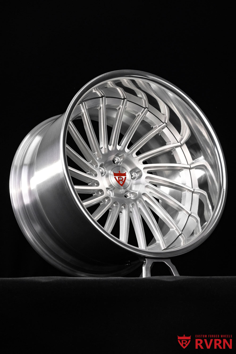 Detailed view of brushed aluminum RVRN RV-DN01 rims customized for the 1970 Ford Mustang Mach 1, featuring 19x12 -26.2MM sizing.