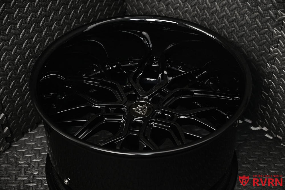 RV-T081 gloss black forged wheels rear angle - chevy truck build
