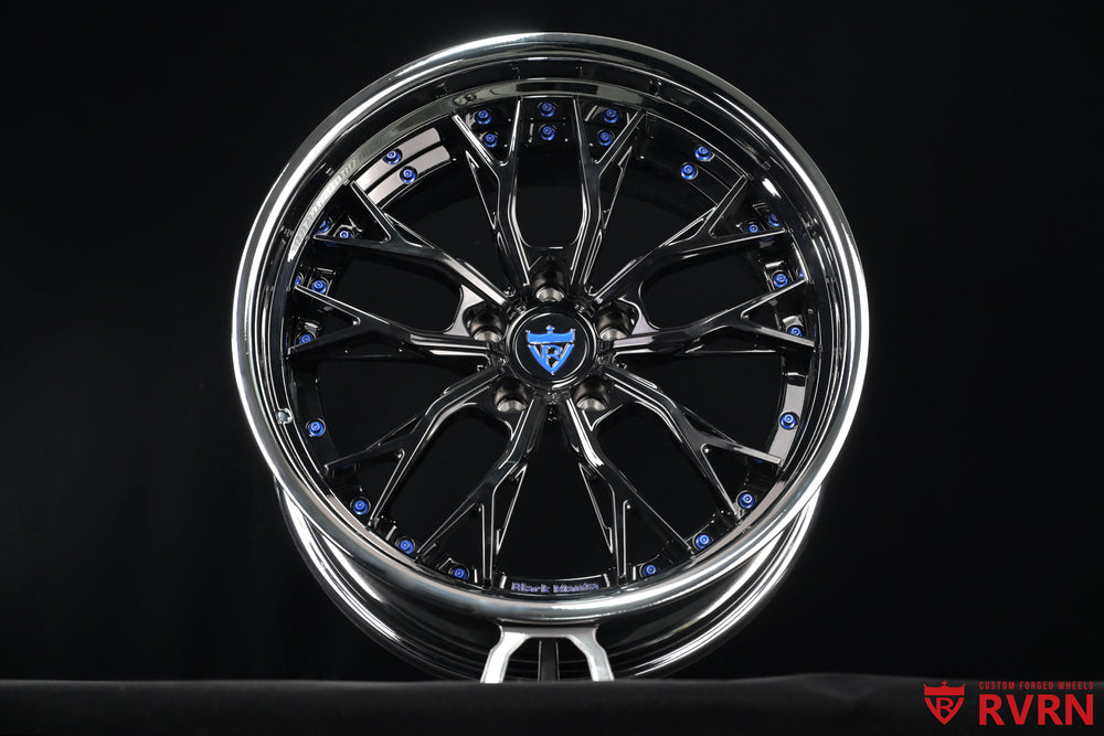 Outer lip and deep-dish profile of RVRN RV-DC04 custom forged wheels for the 1971 Oldsmobile Cutlass S, featuring a reflective chrome barrel and gloss black Y-spokes in 19x8.5 front and 20x10 rear sizing.