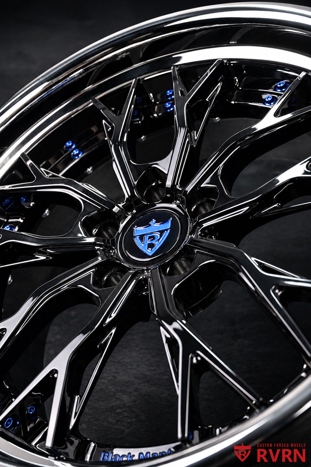 Close-up of the Y-spoke design on RVRN RV-DC04 custom forged wheels for the 1971 Oldsmobile Cutlass S, showing the gloss black spoke finish against a chrome barrel, with 19x8.5 front and 20x10 rear sizing.