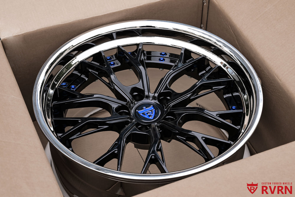 Face-on view of RVRN RV-DC04 custom forged Y-spoke wheels for the 1971 Oldsmobile Cutlass S, highlighting the gloss black spoke layout and chrome barrel contrast, sized 19x8.5 front and 20x10 rear.