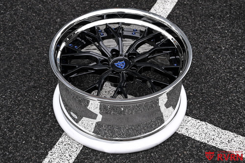 Overall view of RVRN RV-DC04 custom forged wheels for the 1971 Oldsmobile Cutlass S, featuring a deep-dish Y-spoke design, gloss black spokes and chrome barrels in 19x8.5 front and 20x10 rear sizing.
