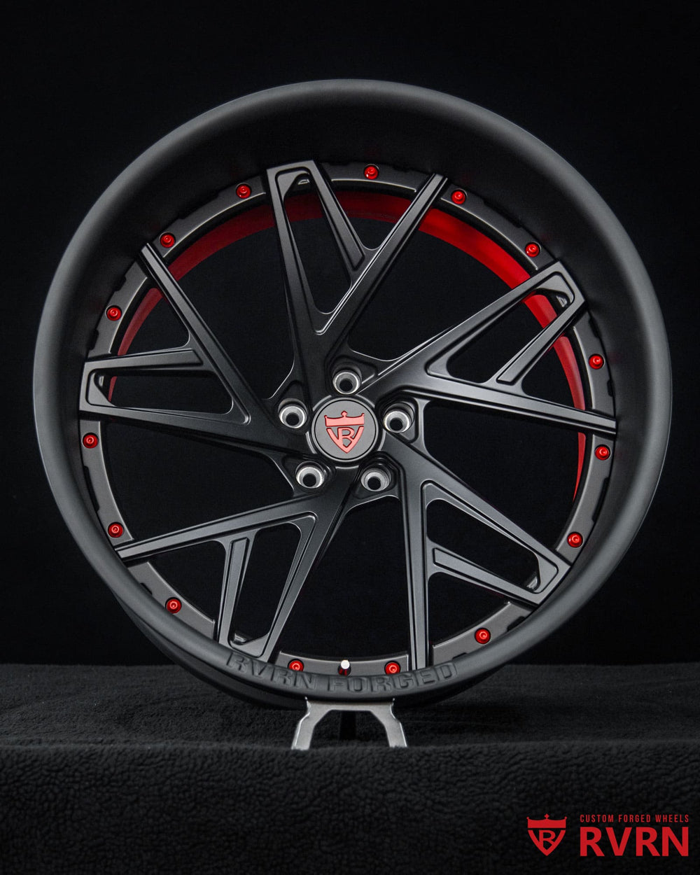 Detail shot of RVRN DS74 deep dish forged muscle car wheel with matte black spokes.