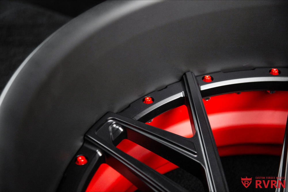 Custom 22x12 deep concave forged wheel for 1971 Camaro Z28, matte black with RVRN red inner barrel.