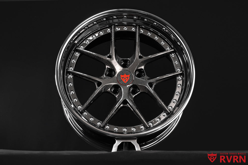 Close-up detail of RVRN RV-DR08D Y-spoke forged wheels for Chevy C10 with carbon wrapped spokes and premium chrome barrel finish
