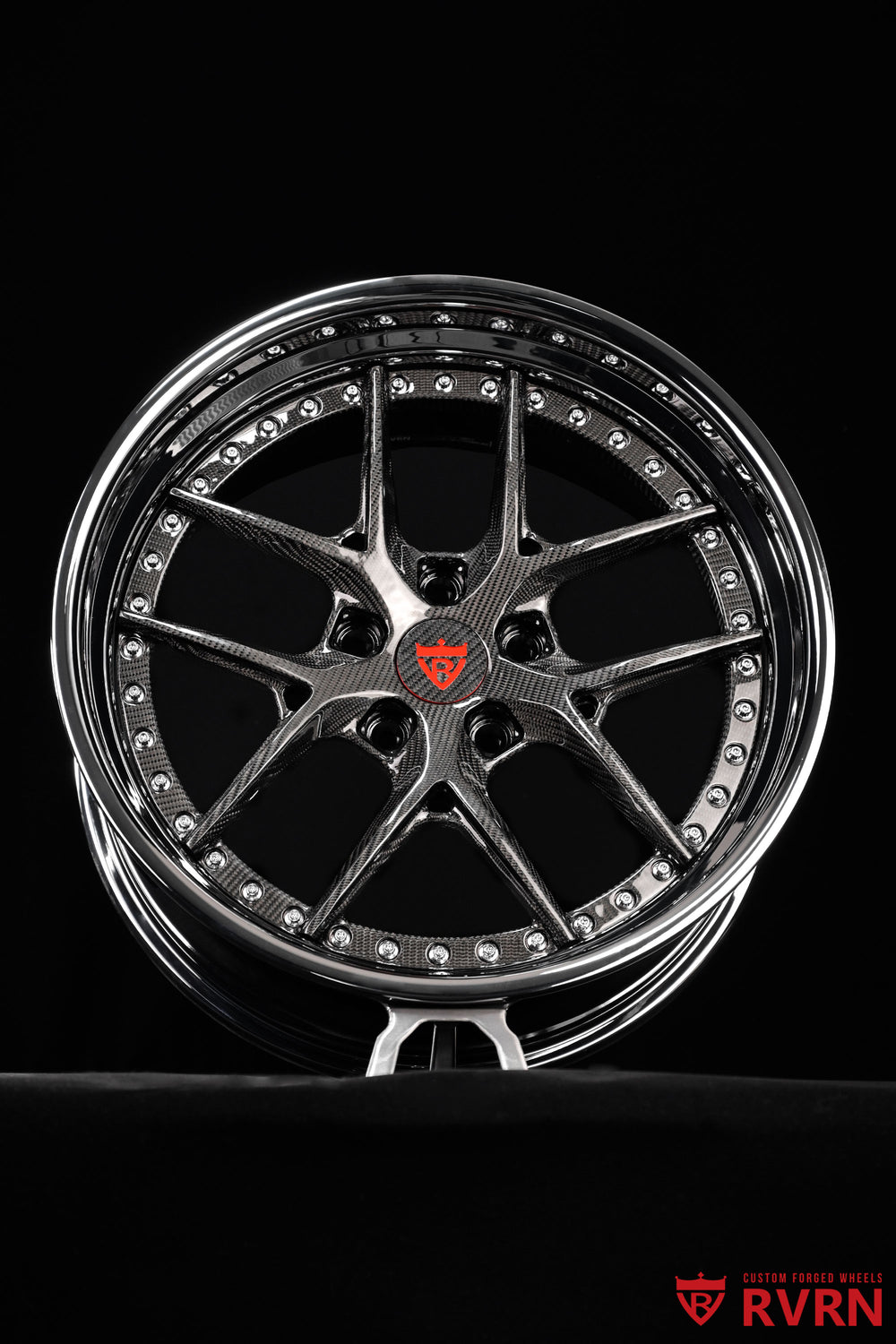 Detailed view of chrome barrel wheels on RVRN RV-DR08D custom Chevy C10 forged wheels with two-piece construction