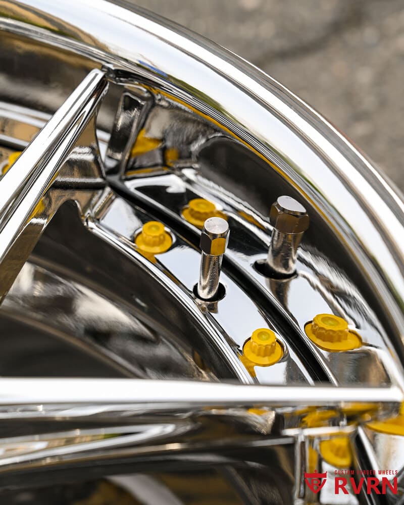 Shiny chrome finish and aggressive concave profile on classic C4 Corvette