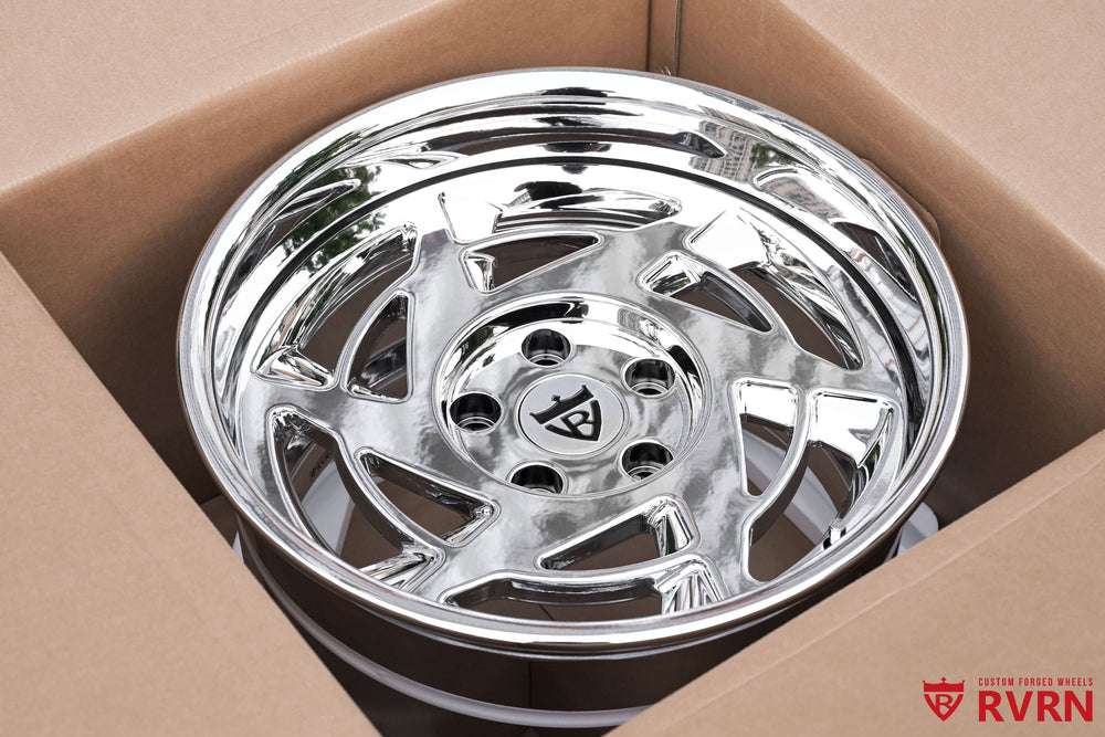 Design detail of the RVRN RV-DR155 custom 3-piece forged wheel for the Corvette C4 ZR1, featuring a deep dish profile and polished all chrome appearance.