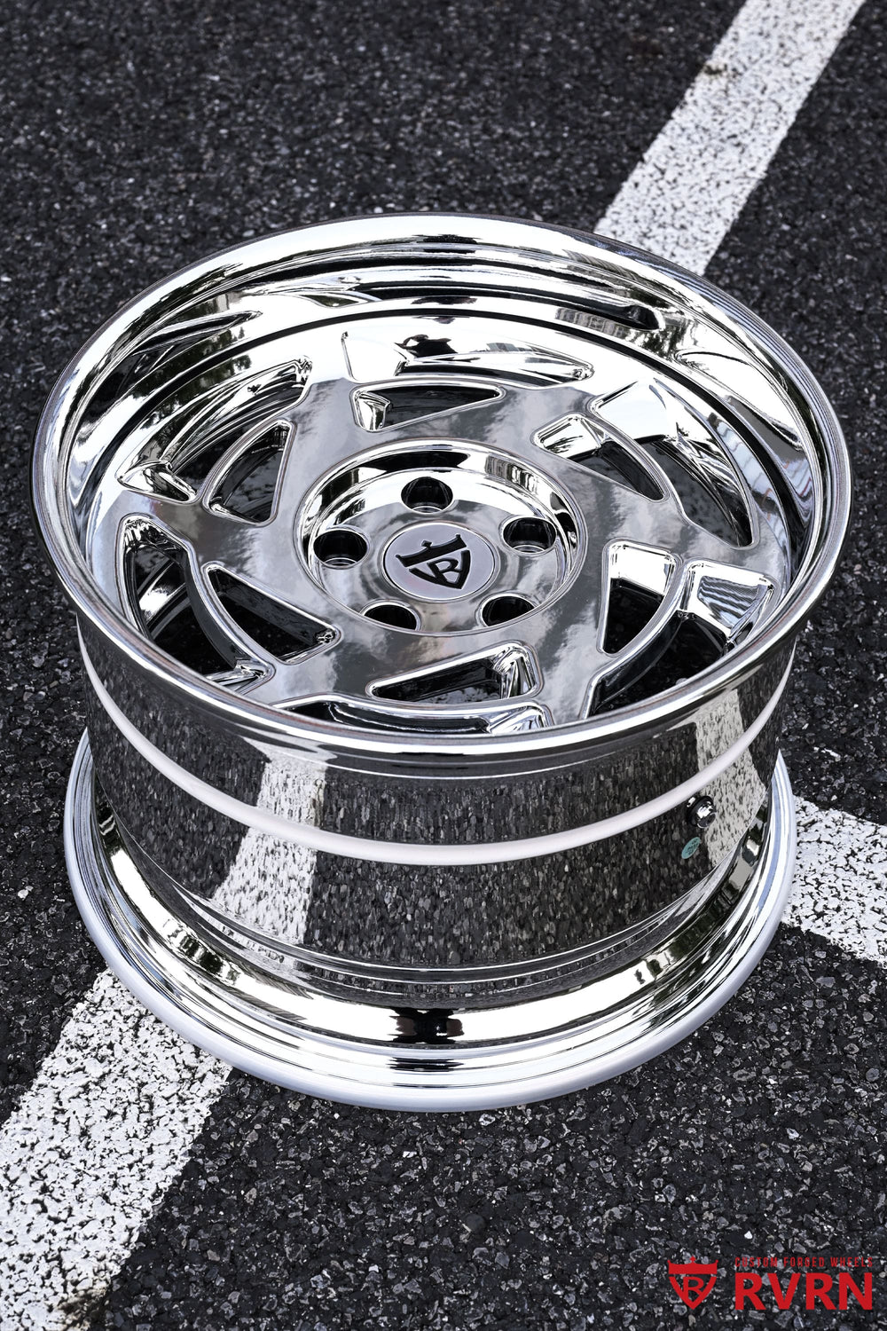Full detail view of RVRN RV-DR155 custom forged wheels on a 1990 Corvette C4 ZR1, featuring 3-piece construction, deep dish styling, all chrome finish, and 17x11 +25MM fitment.