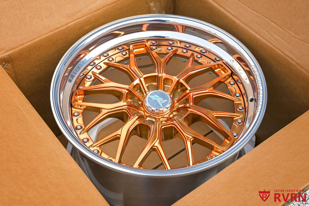 Corvette ZR1 forged wheels RV-DC12 18x10 +45mm polished bronze deep dish front view custom design your own wheels