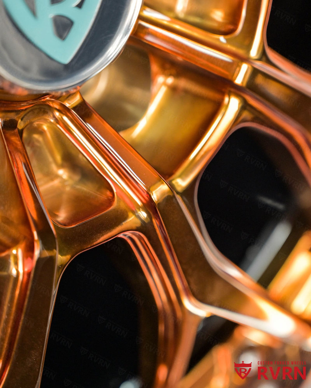 Custom forged wheels for Corvette ZR1 polished bronze spoke angle view deep dish 18x10 18x12 setup