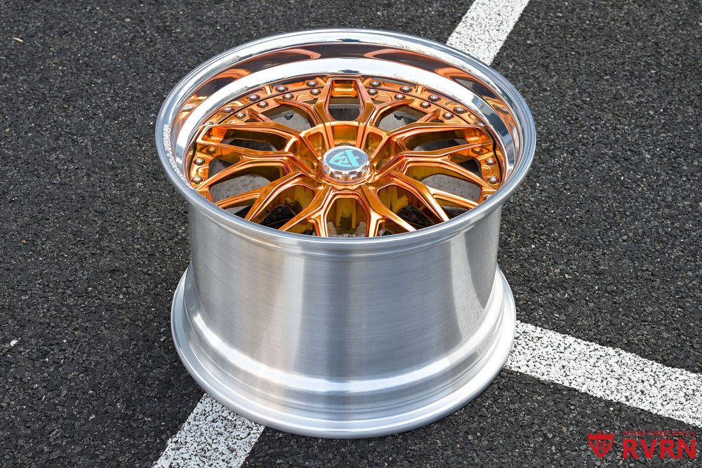 Corvette ZR1 forged wheels RV-DC12 18x10 +45mm polished bronze deep dish front view custom design your own wheels