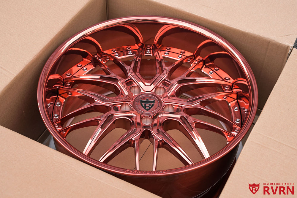 Detailed view of Chevy Impala SS forged wheels featuring the RV-T081 deep dish design in polished rose gold, 22x9 and 22x11