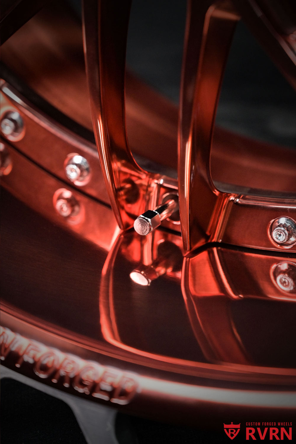 Close-up of the RV-T081 deep dish lip on Chevy Impala SS forged wheels in polished rose gold, custom 22x9 front and 22x11 rear fitment