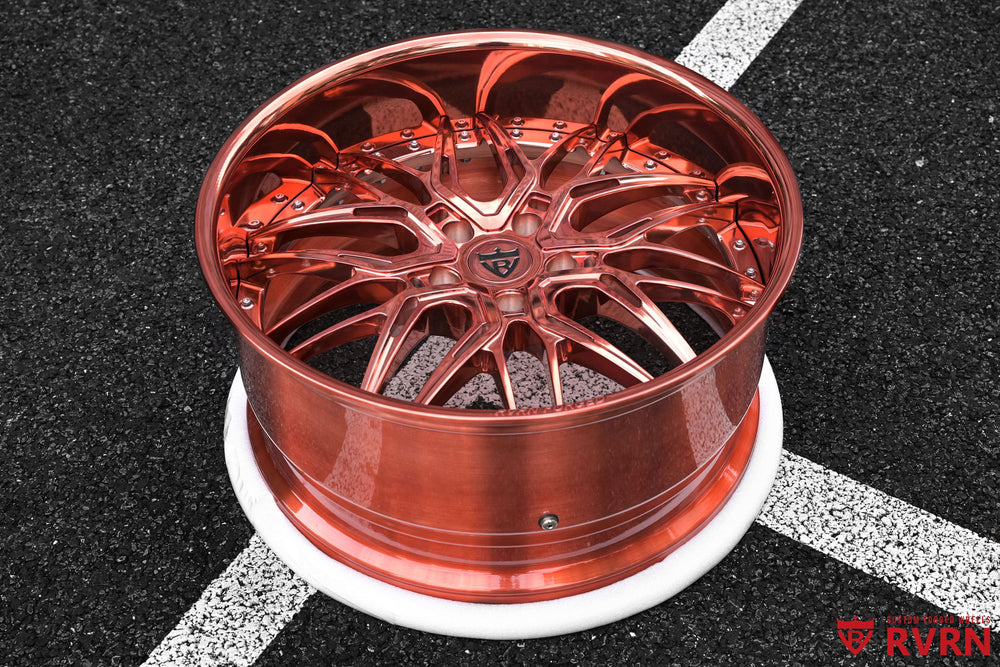 RVRN RV-T081 Chevy Impala SS forged wheels in polished rose gold with deep dish design, 22x9 front and 22x11 rear