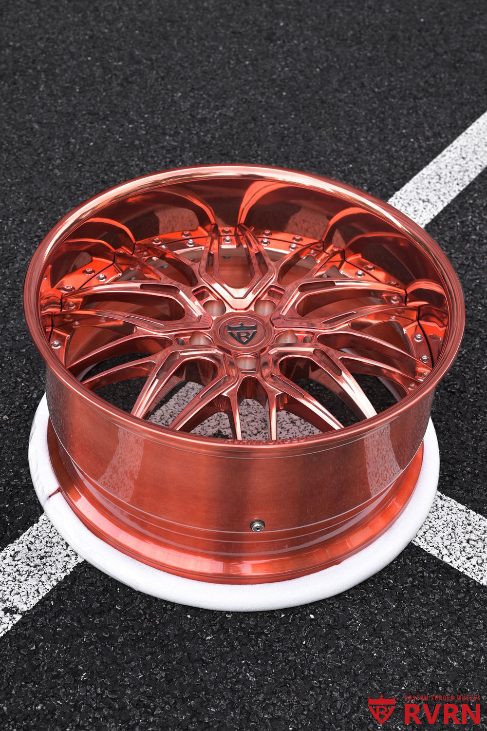 RVRN RV-T081 custom deep dish wheels for a Chevy Impala SS, polished rose gold finish, 22x9 front and 22x11 rear
