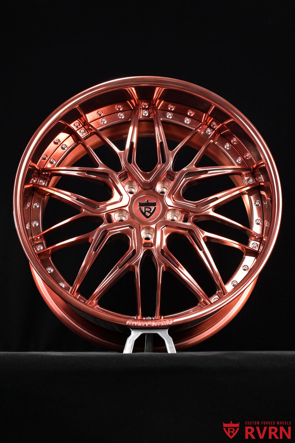 RV-T081 deep dish forged wheel in polished rose gold for Chevy Impala SS, 22x11 rear fitment with custom forged construction