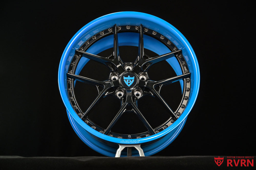 1998 Corvette Widebody wheels by RVRN Wheels featuring custom forged deep dish RV-DS016 wheels in gloss black spoke and rapid blue barrel setup sized 19x9.5 +38MM and 20x11 +40MM  2.