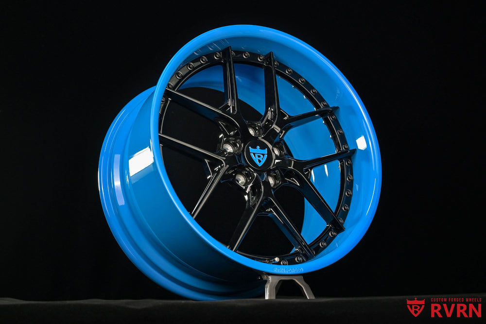 Rapid blue Corvette wheels with gloss black spokes and forged two piece construction for custom 1998 Corvette Widebody project
