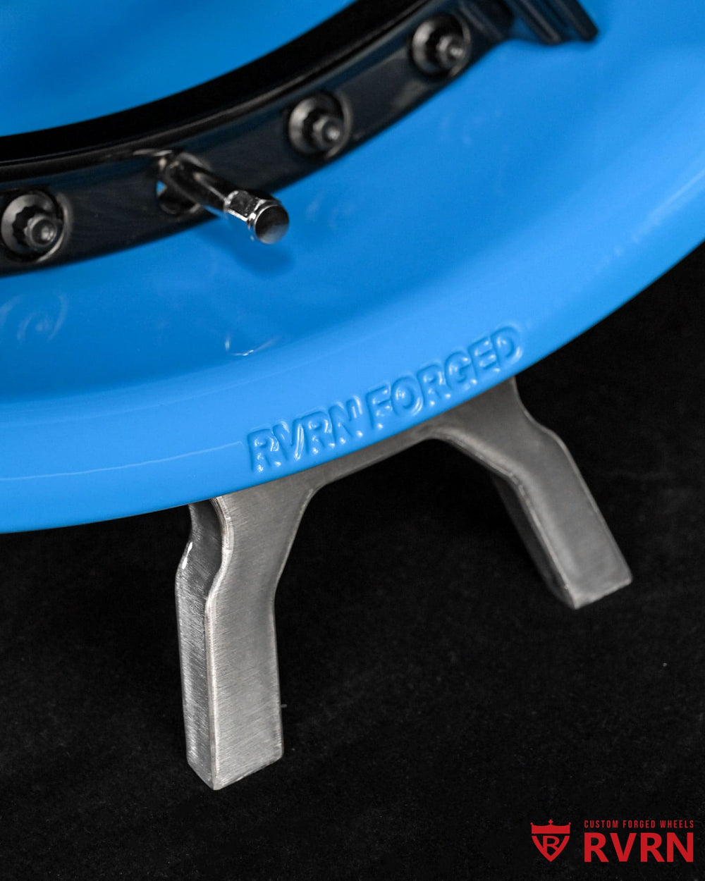 Custom forged deep dish blue wheels for Corvette C5 with rapid blue barrel and gloss black spoke combination
