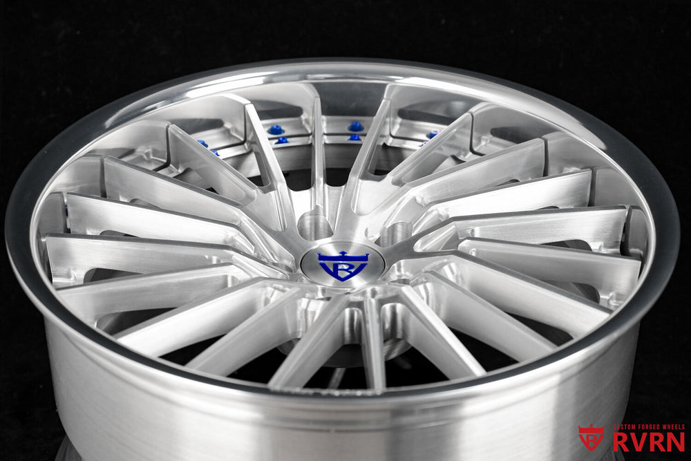 Ocean blue screws detail on custom forged RV-DA01 wheels Toyota Aristo